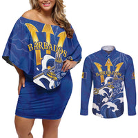 Personalized Barbados Couples Matching Off Shoulder Short Dress and Long Sleeve Button Shirt Poseidon Trident