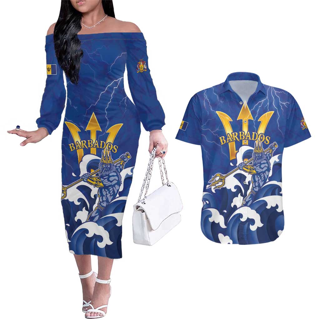 Personalized Barbados Couples Matching Off The Shoulder Long Sleeve Dress and Hawaiian Shirt Poseidon Trident