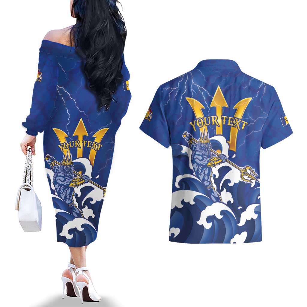 Personalized Barbados Couples Matching Off The Shoulder Long Sleeve Dress and Hawaiian Shirt Poseidon Trident