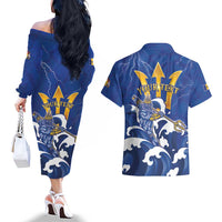 Personalized Barbados Couples Matching Off The Shoulder Long Sleeve Dress and Hawaiian Shirt Poseidon Trident