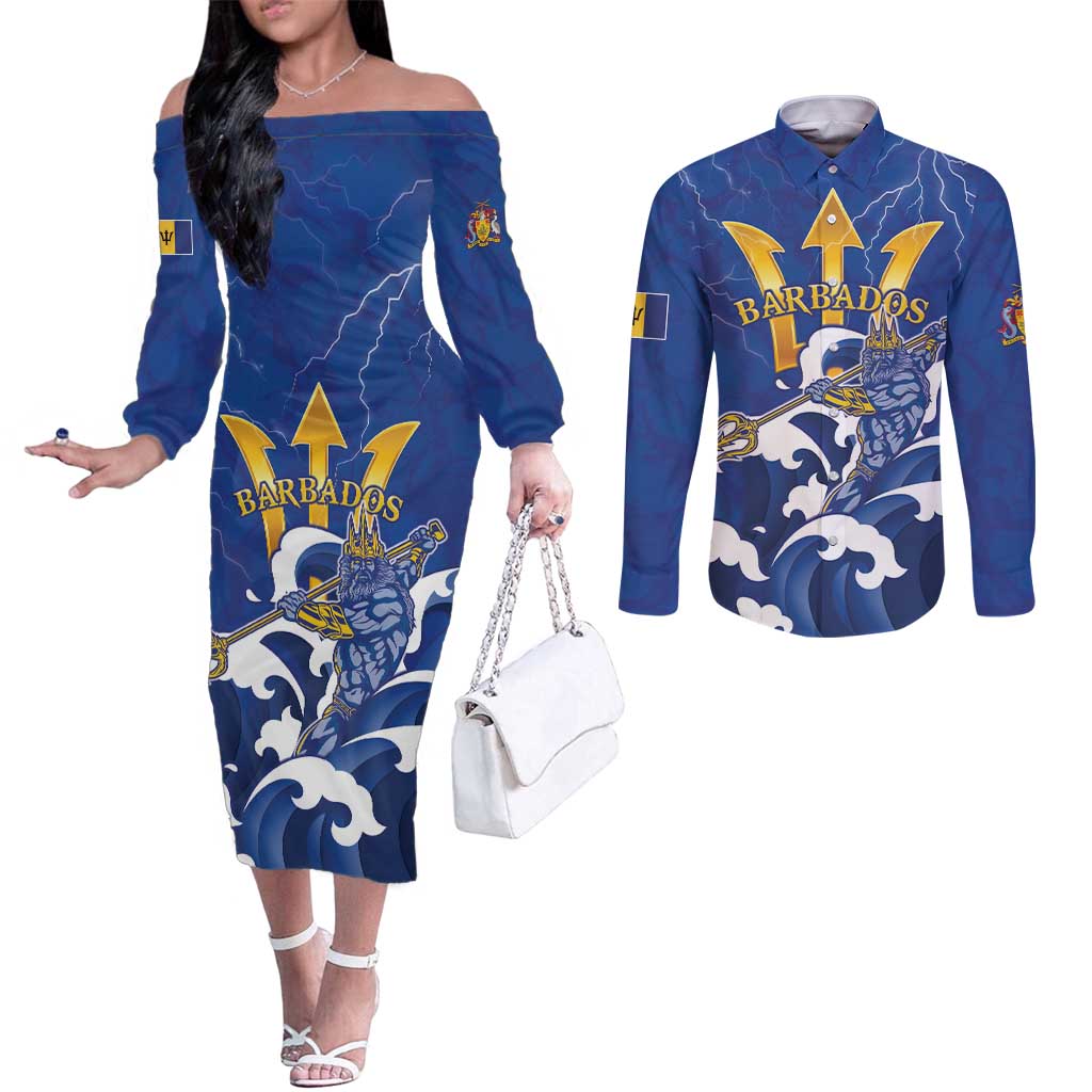 Personalized Barbados Couples Matching Off The Shoulder Long Sleeve Dress and Long Sleeve Button Shirt Poseidon Trident