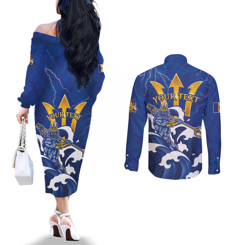 Personalized Barbados Couples Matching Off The Shoulder Long Sleeve Dress and Long Sleeve Button Shirt Poseidon Trident