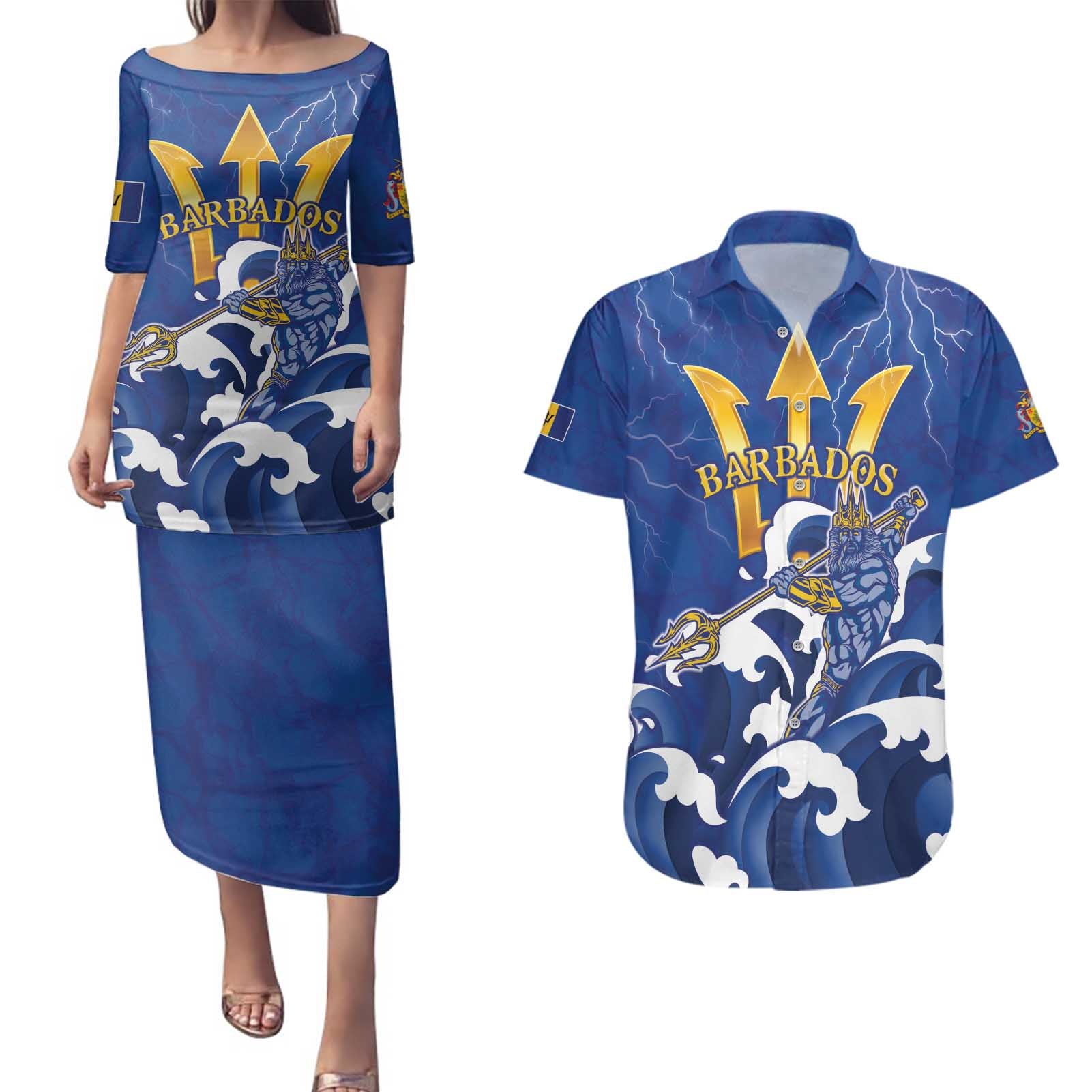 Personalized Barbados Couples Matching Puletasi and Hawaiian Shirt Poseidon Trident