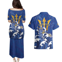 Personalized Barbados Couples Matching Puletasi and Hawaiian Shirt Poseidon Trident