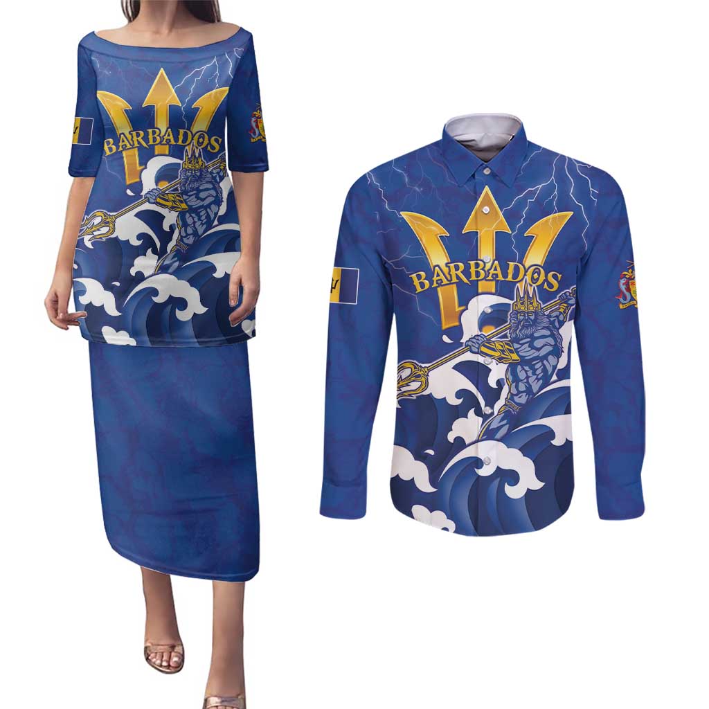 Personalized Barbados Couples Matching Puletasi and Long Sleeve Button Shirt Poseidon Trident