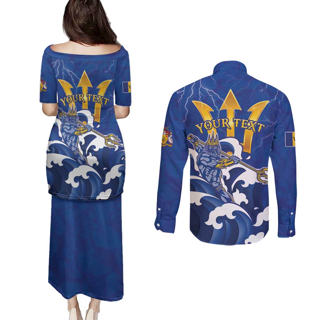 Personalized Barbados Couples Matching Puletasi and Long Sleeve Button Shirt Poseidon Trident