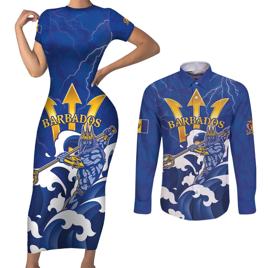 Personalized Barbados Couples Matching Short Sleeve Bodycon Dress and Long Sleeve Button Shirt Poseidon Trident