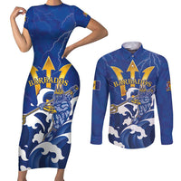 Personalized Barbados Couples Matching Short Sleeve Bodycon Dress and Long Sleeve Button Shirt Poseidon Trident