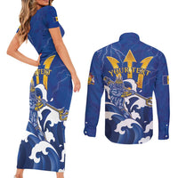 Personalized Barbados Couples Matching Short Sleeve Bodycon Dress and Long Sleeve Button Shirt Poseidon Trident