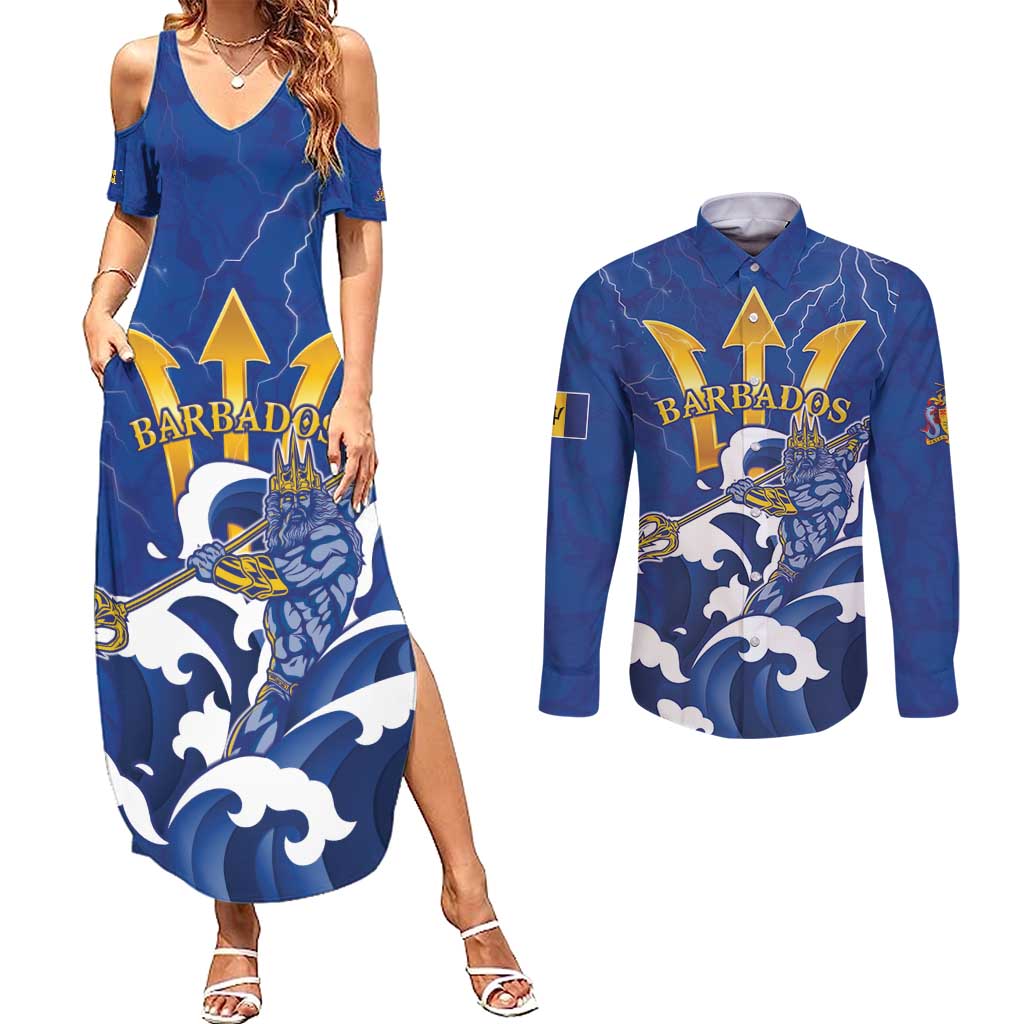 Personalized Barbados Couples Matching Summer Maxi Dress and Long Sleeve Button Shirt Poseidon Trident