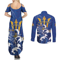 Personalized Barbados Couples Matching Summer Maxi Dress and Long Sleeve Button Shirt Poseidon Trident
