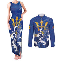 Personalized Barbados Couples Matching Tank Maxi Dress and Long Sleeve Button Shirt Poseidon Trident