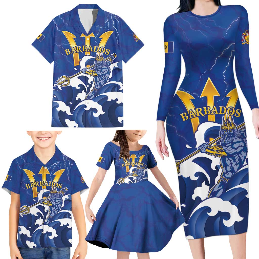 Personalized Barbados Family Matching Long Sleeve Bodycon Dress and Hawaiian Shirt Poseidon Trident