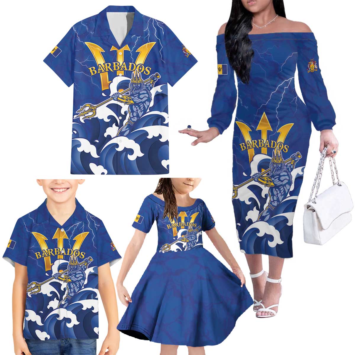 Personalized Barbados Family Matching Off The Shoulder Long Sleeve Dress and Hawaiian Shirt Poseidon Trident