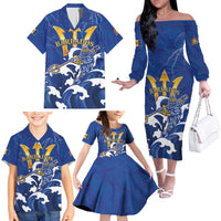 Personalized Barbados Family Matching Off The Shoulder Long Sleeve Dress and Hawaiian Shirt Poseidon Trident