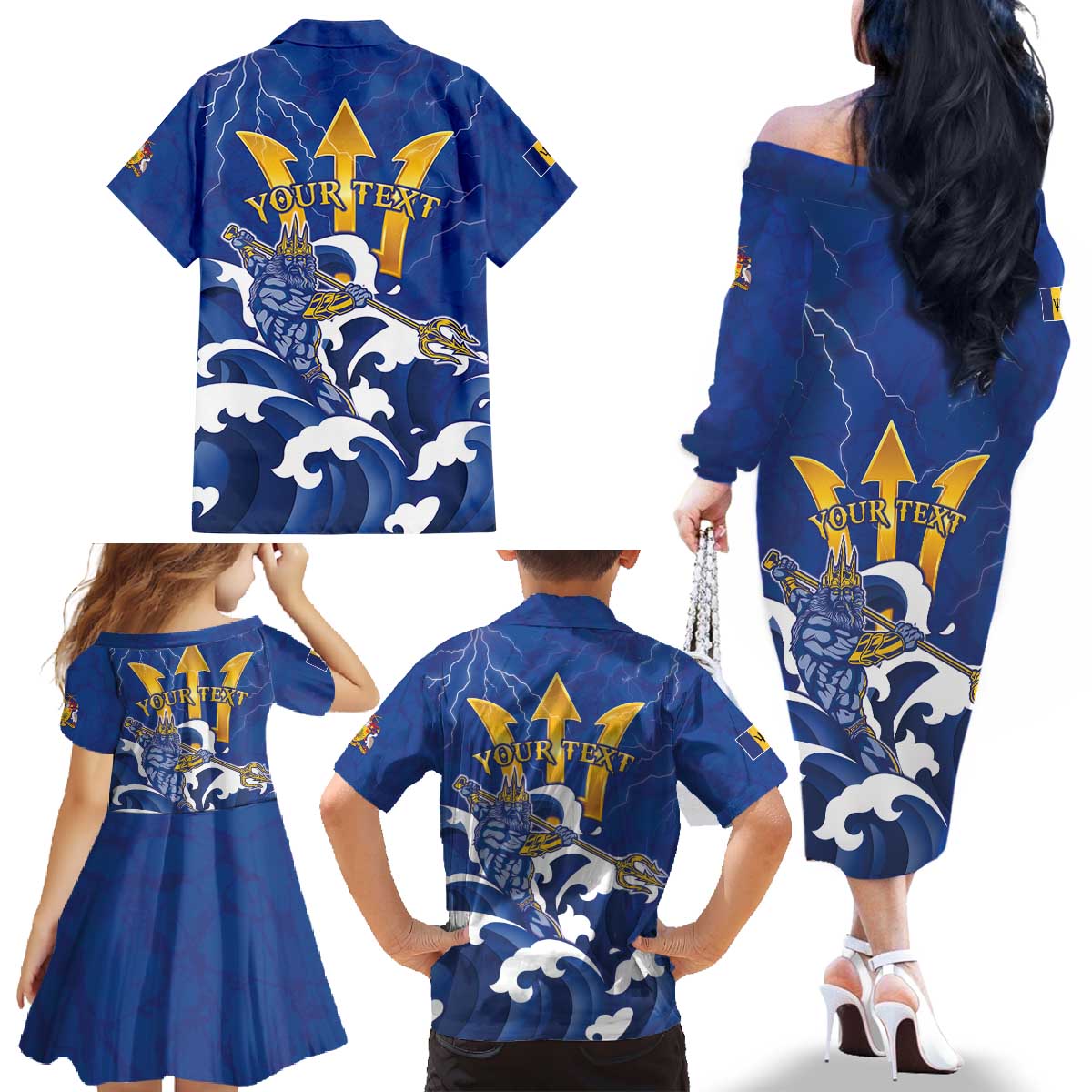 Personalized Barbados Family Matching Off The Shoulder Long Sleeve Dress and Hawaiian Shirt Poseidon Trident