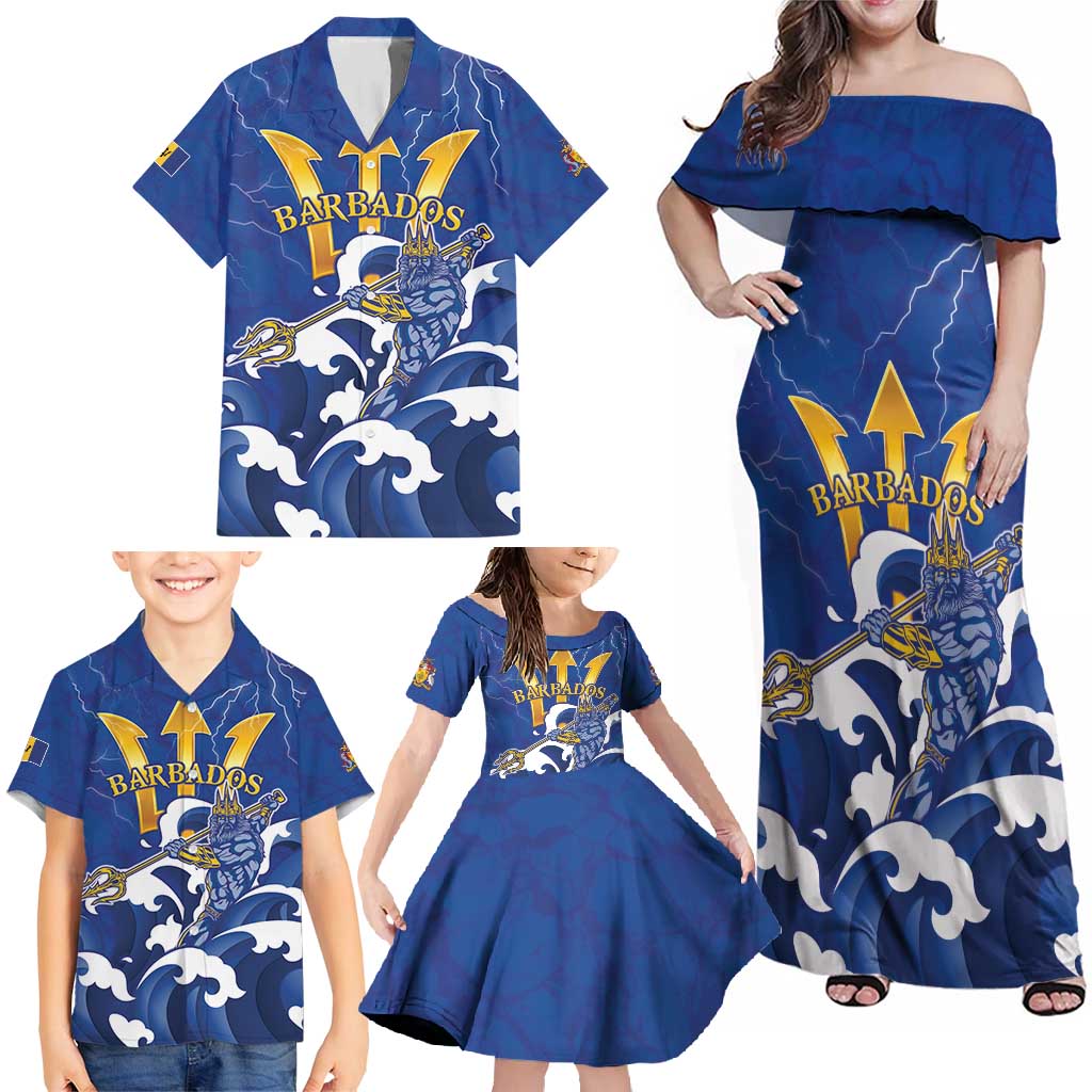 Personalized Barbados Family Matching Off Shoulder Maxi Dress and Hawaiian Shirt Poseidon Trident
