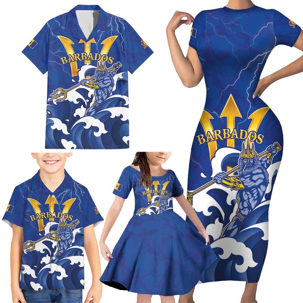Personalized Barbados Family Matching Short Sleeve Bodycon Dress and Hawaiian Shirt Poseidon Trident