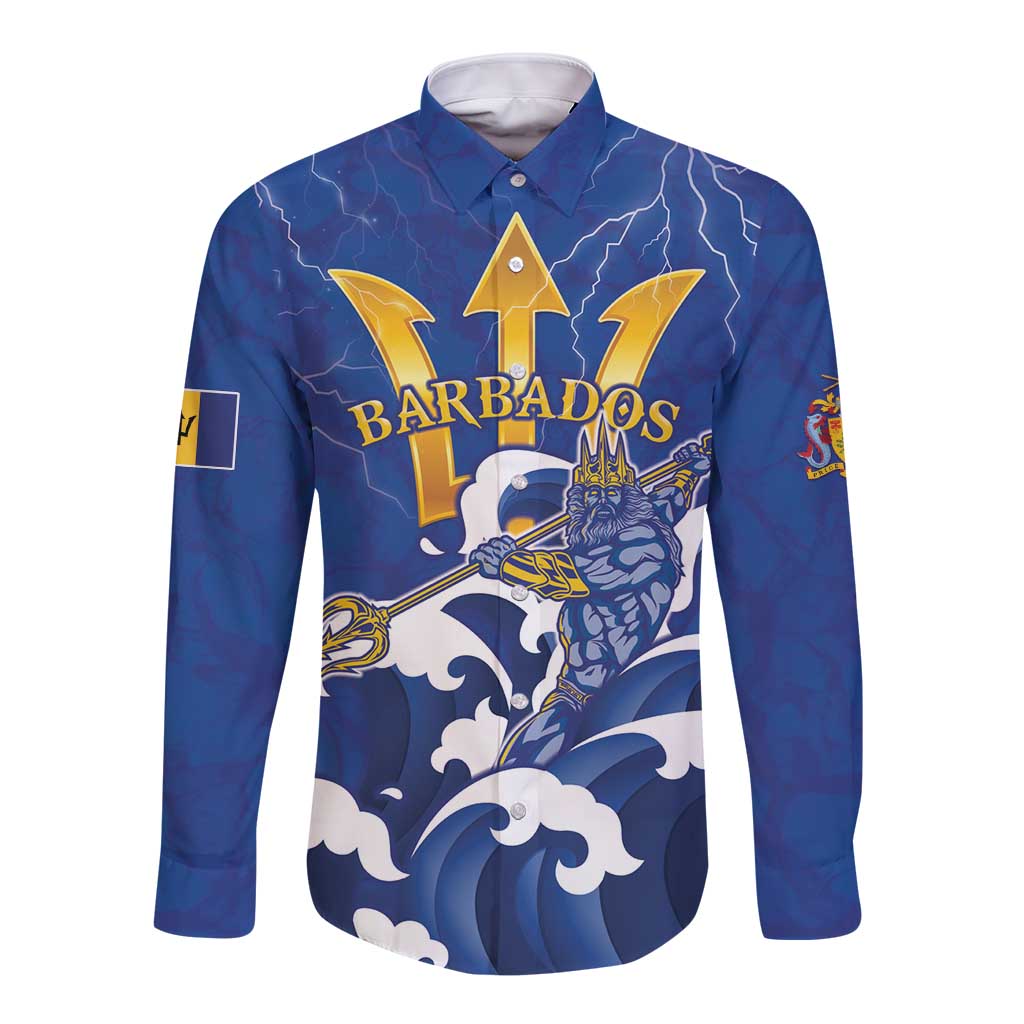 Personalized Barbados Long Sleeve Button Shirt Poseidon Trident