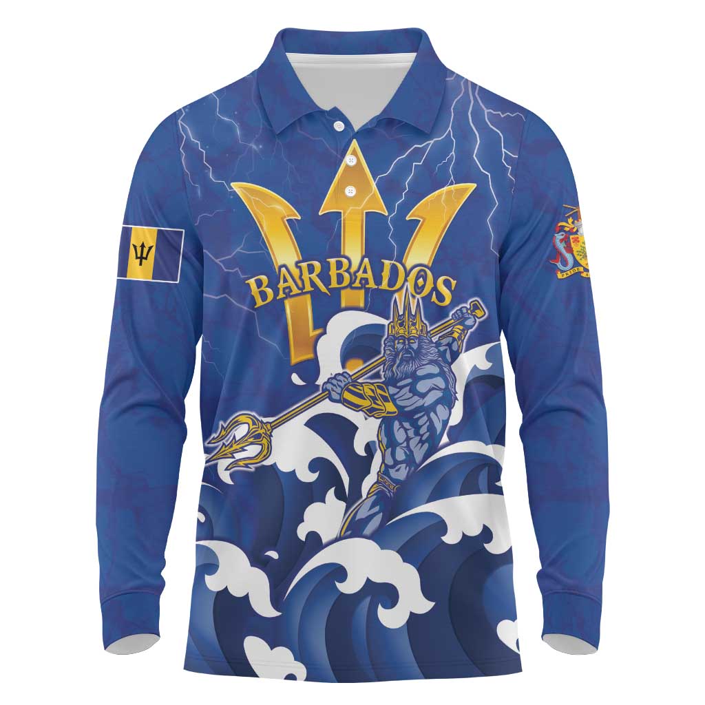 Personalized Barbados Long Sleeve Polo Shirt Poseidon Trident