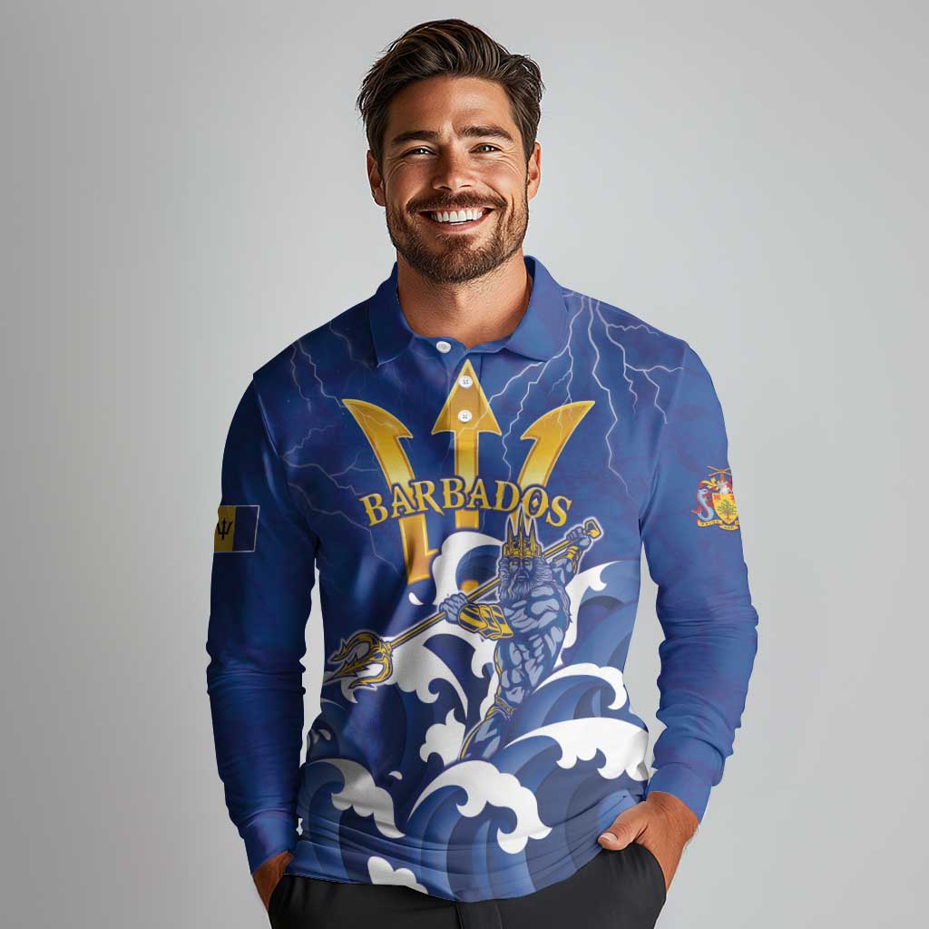 Personalized Barbados Long Sleeve Polo Shirt Poseidon Trident