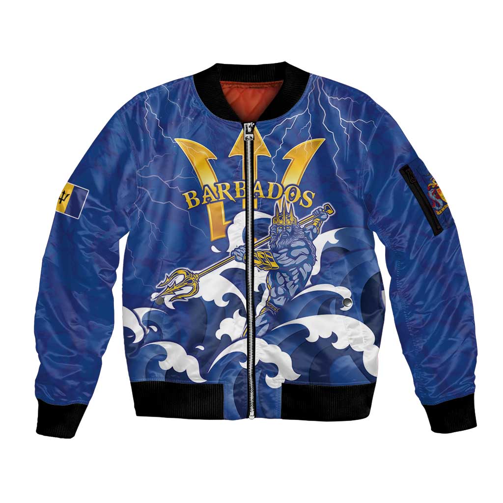 Personalized Barbados Sleeve Zip Bomber Jacket Poseidon Trident