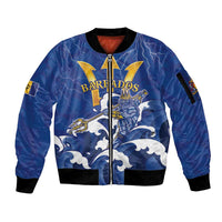 Personalized Barbados Sleeve Zip Bomber Jacket Poseidon Trident