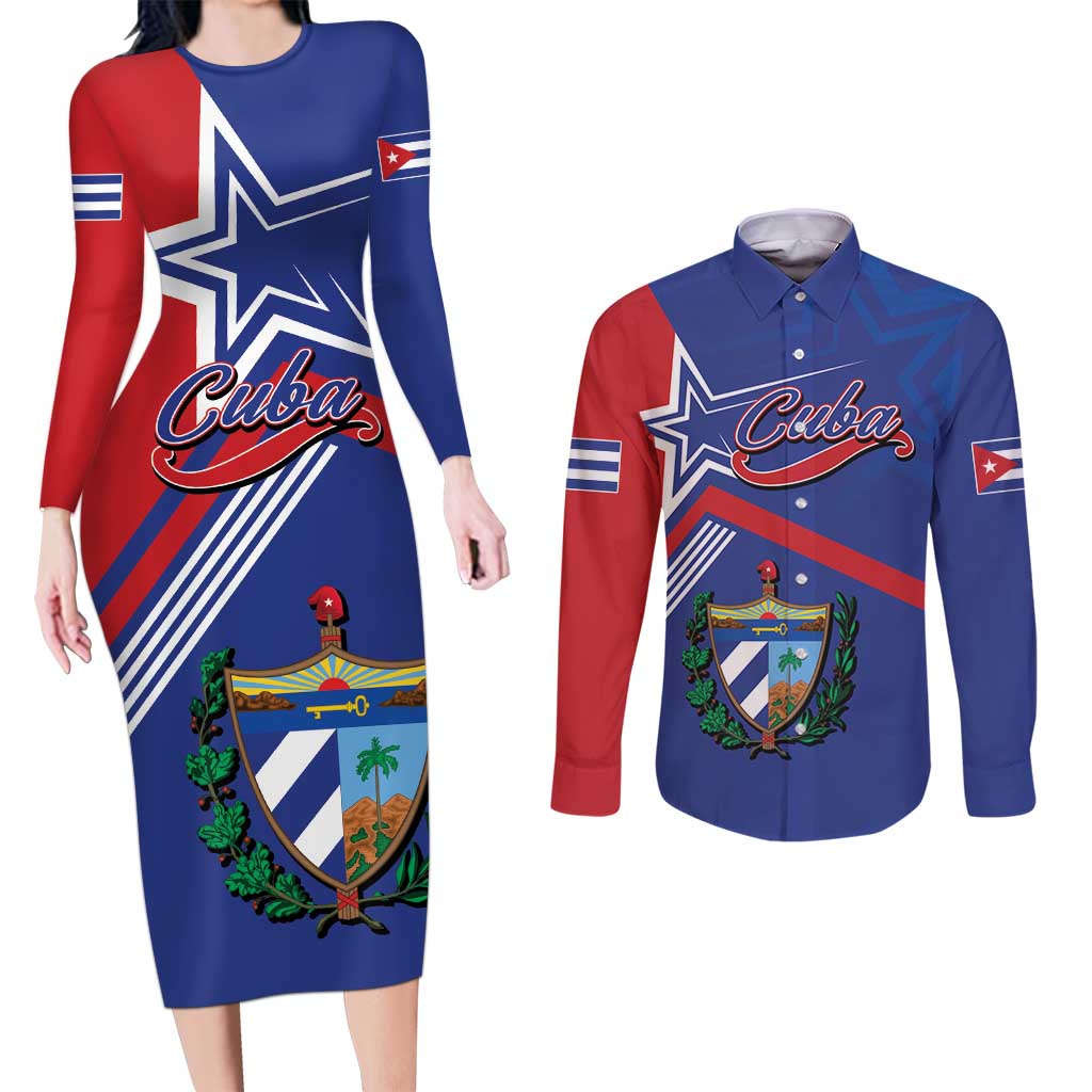 Cuba Coat Of Arms Couples Matching Long Sleeve Bodycon Dress and Long Sleeve Button Shirt The Pearl Of The Antilles