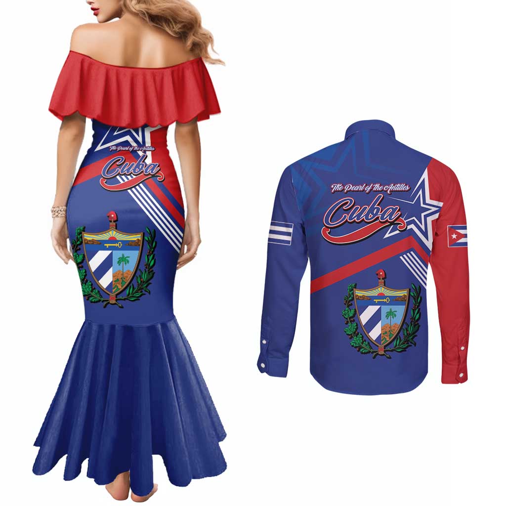Cuba Coat Of Arms Couples Matching Mermaid Dress and Long Sleeve Button Shirt The Pearl Of The Antilles