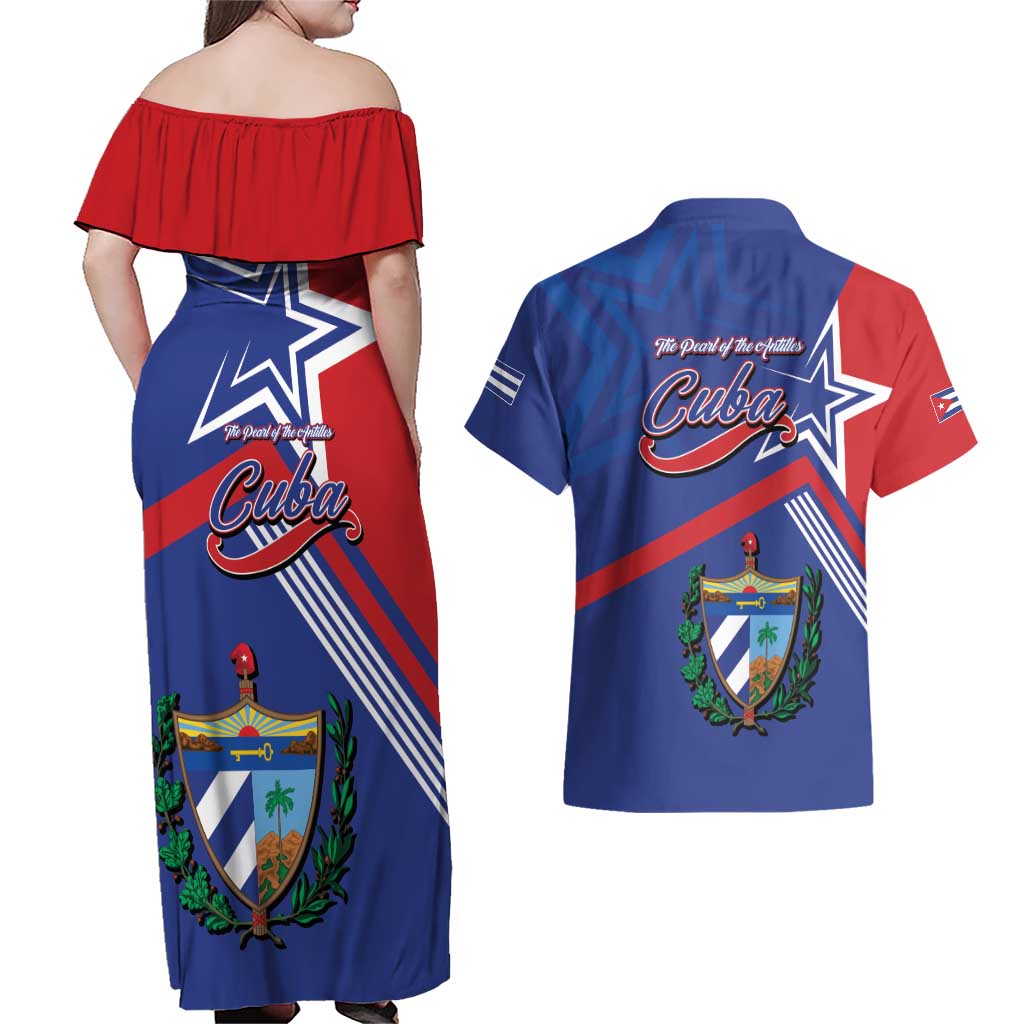 Cuba Coat Of Arms Couples Matching Off Shoulder Maxi Dress and Hawaiian Shirt The Pearl Of The Antilles