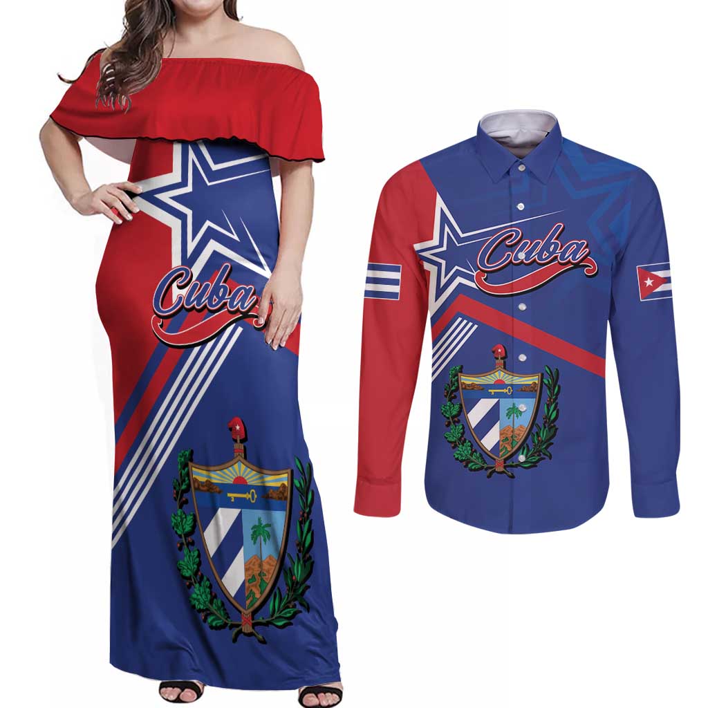 Cuba Coat Of Arms Couples Matching Off Shoulder Maxi Dress and Long Sleeve Button Shirt The Pearl Of The Antilles