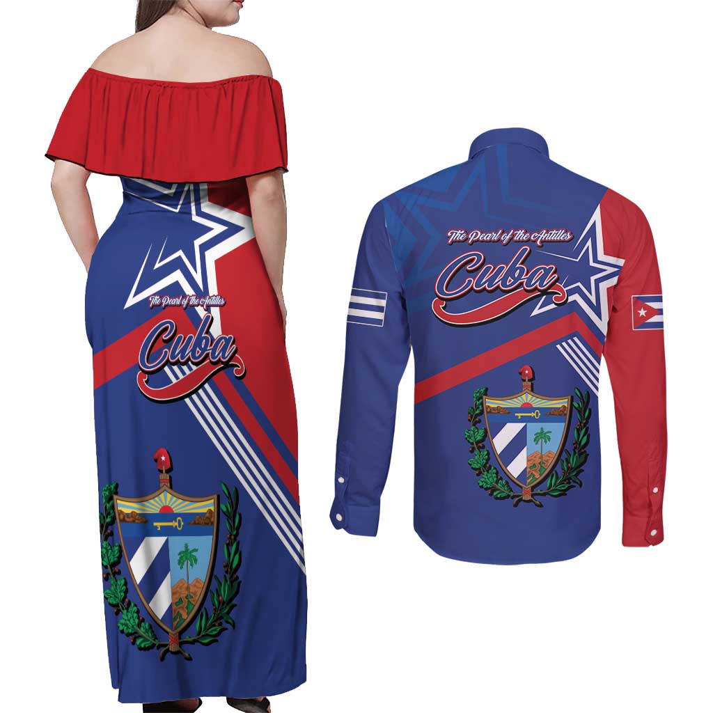 Cuba Coat Of Arms Couples Matching Off Shoulder Maxi Dress and Long Sleeve Button Shirt The Pearl Of The Antilles