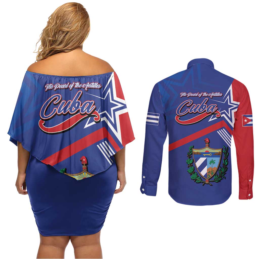 Cuba Coat Of Arms Couples Matching Off Shoulder Short Dress and Long Sleeve Button Shirt The Pearl Of The Antilles