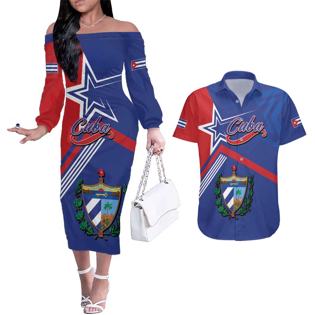 Cuba Coat Of Arms Couples Matching Off The Shoulder Long Sleeve Dress and Hawaiian Shirt The Pearl Of The Antilles