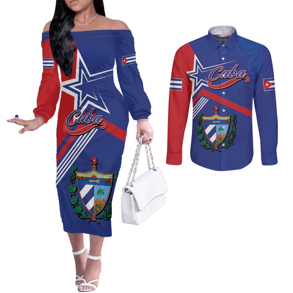 Cuba Coat Of Arms Couples Matching Off The Shoulder Long Sleeve Dress and Long Sleeve Button Shirt The Pearl Of The Antilles