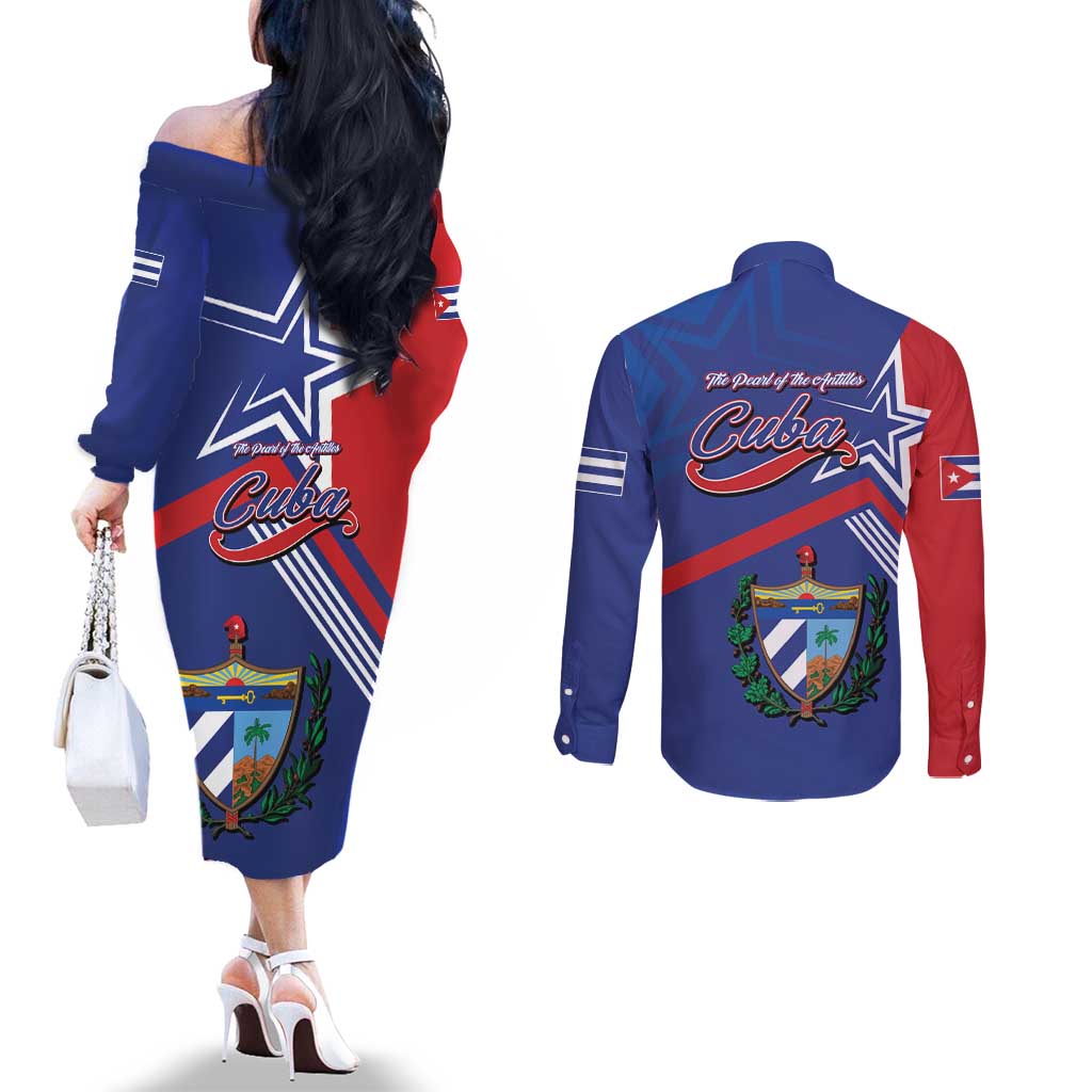 Cuba Coat Of Arms Couples Matching Off The Shoulder Long Sleeve Dress and Long Sleeve Button Shirt The Pearl Of The Antilles