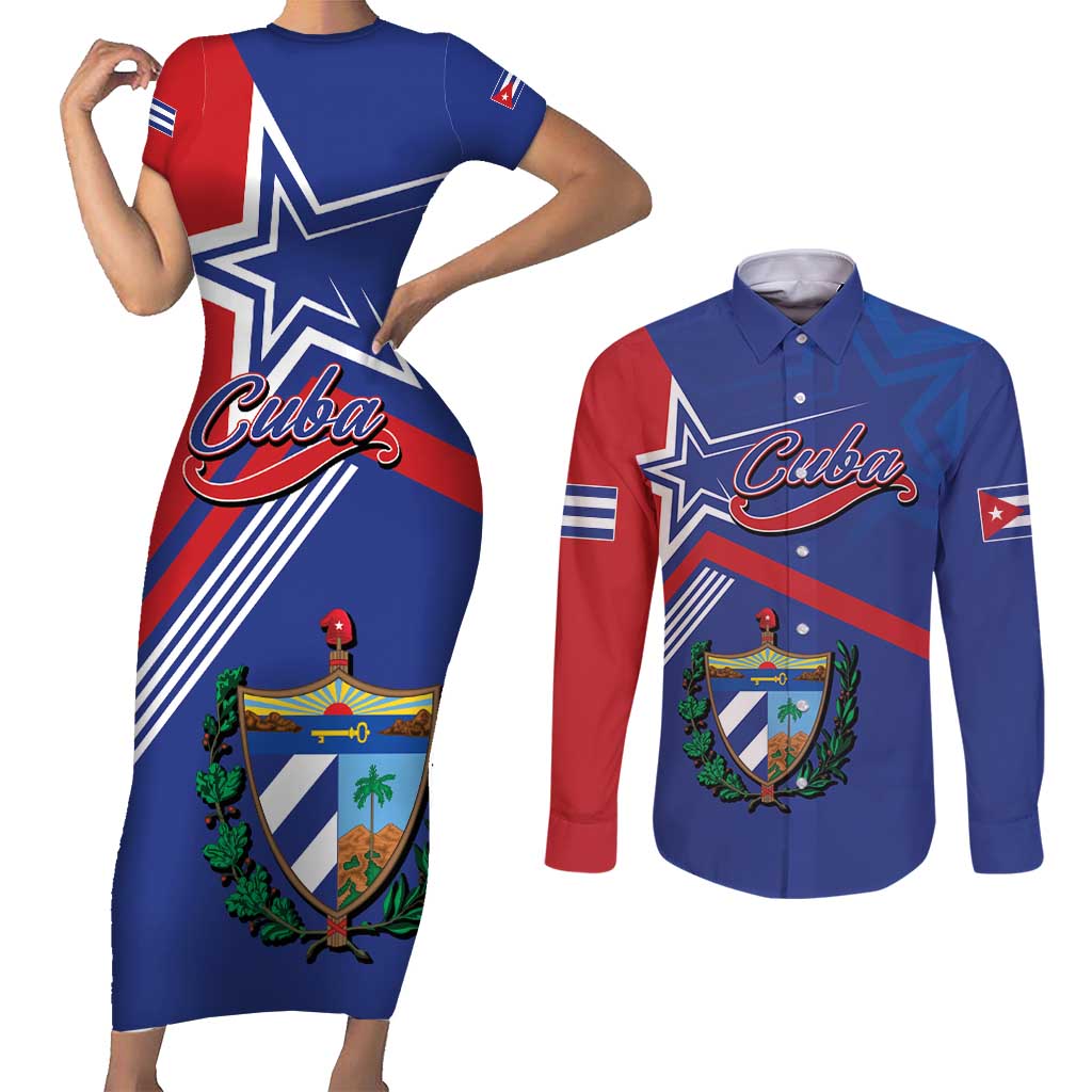 Cuba Coat Of Arms Couples Matching Short Sleeve Bodycon Dress and Long Sleeve Button Shirt The Pearl Of The Antilles