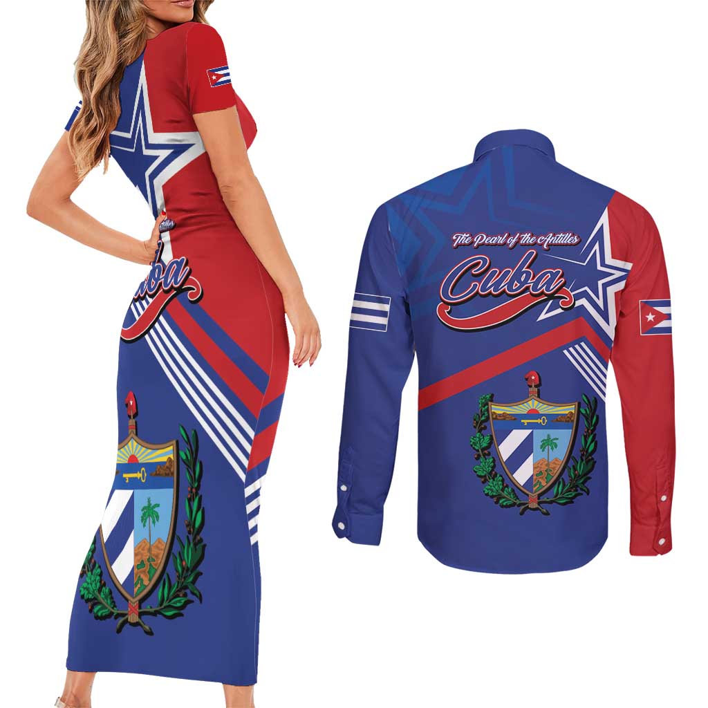 Cuba Coat Of Arms Couples Matching Short Sleeve Bodycon Dress and Long Sleeve Button Shirt The Pearl Of The Antilles