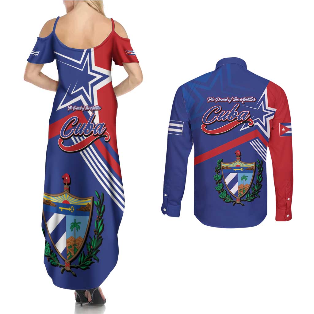 Cuba Coat Of Arms Couples Matching Summer Maxi Dress and Long Sleeve Button Shirt The Pearl Of The Antilles