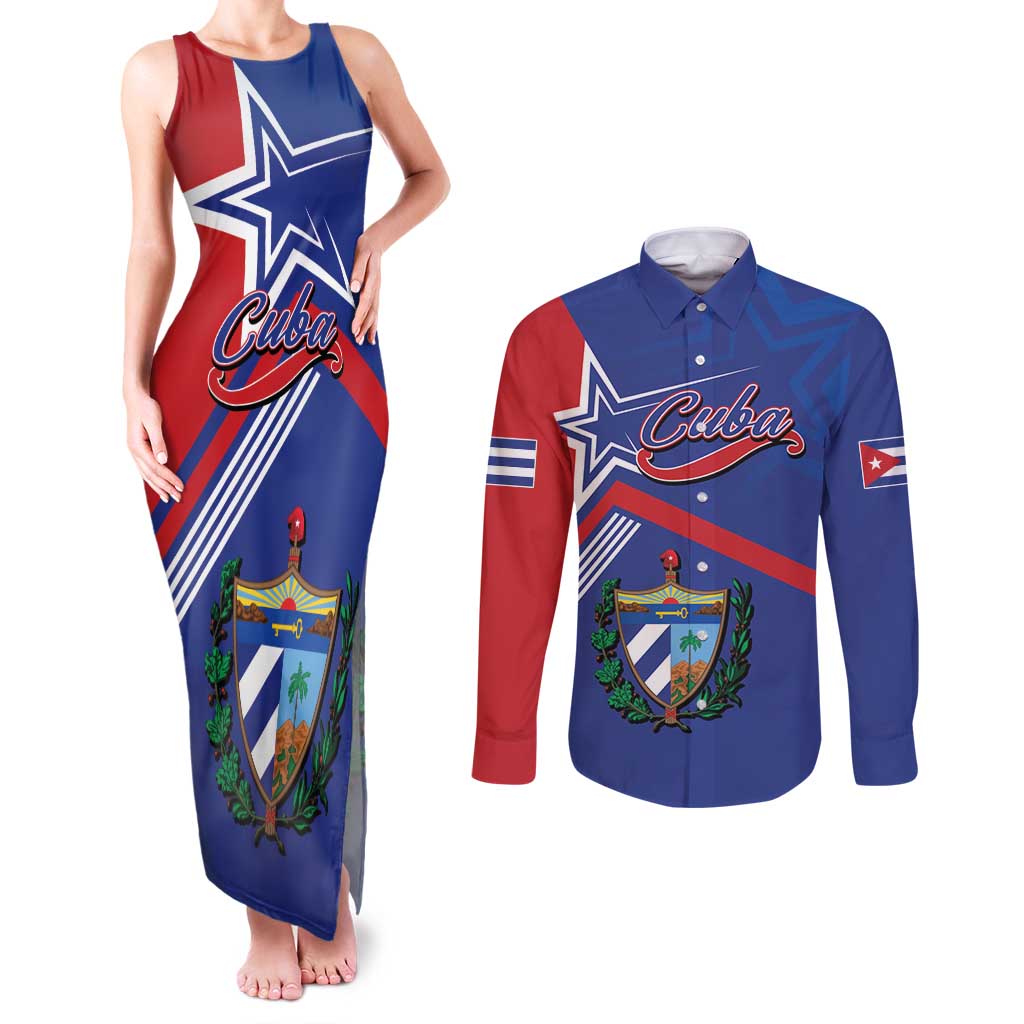 Cuba Coat Of Arms Couples Matching Tank Maxi Dress and Long Sleeve Button Shirt The Pearl Of The Antilles