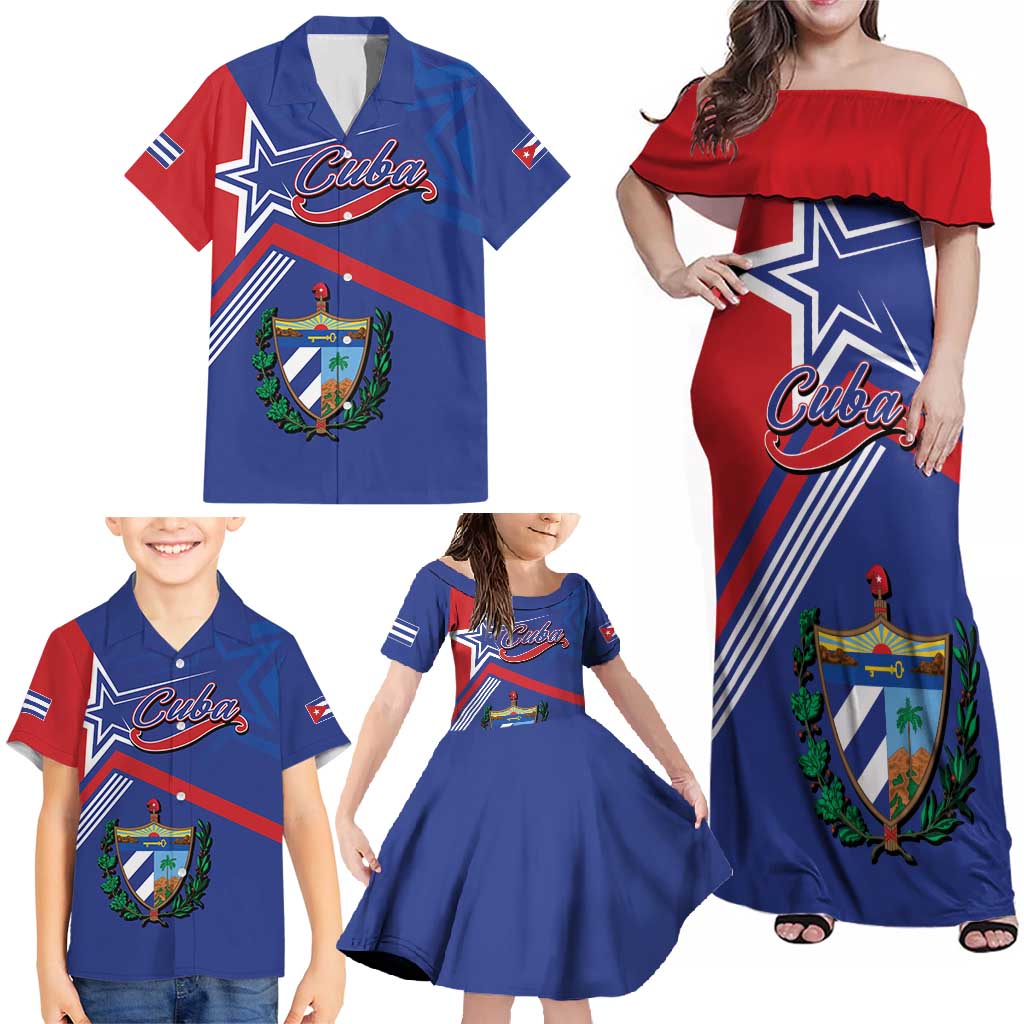 Cuba Coat Of Arms Family Matching Off Shoulder Maxi Dress and Hawaiian Shirt The Pearl Of The Antilles