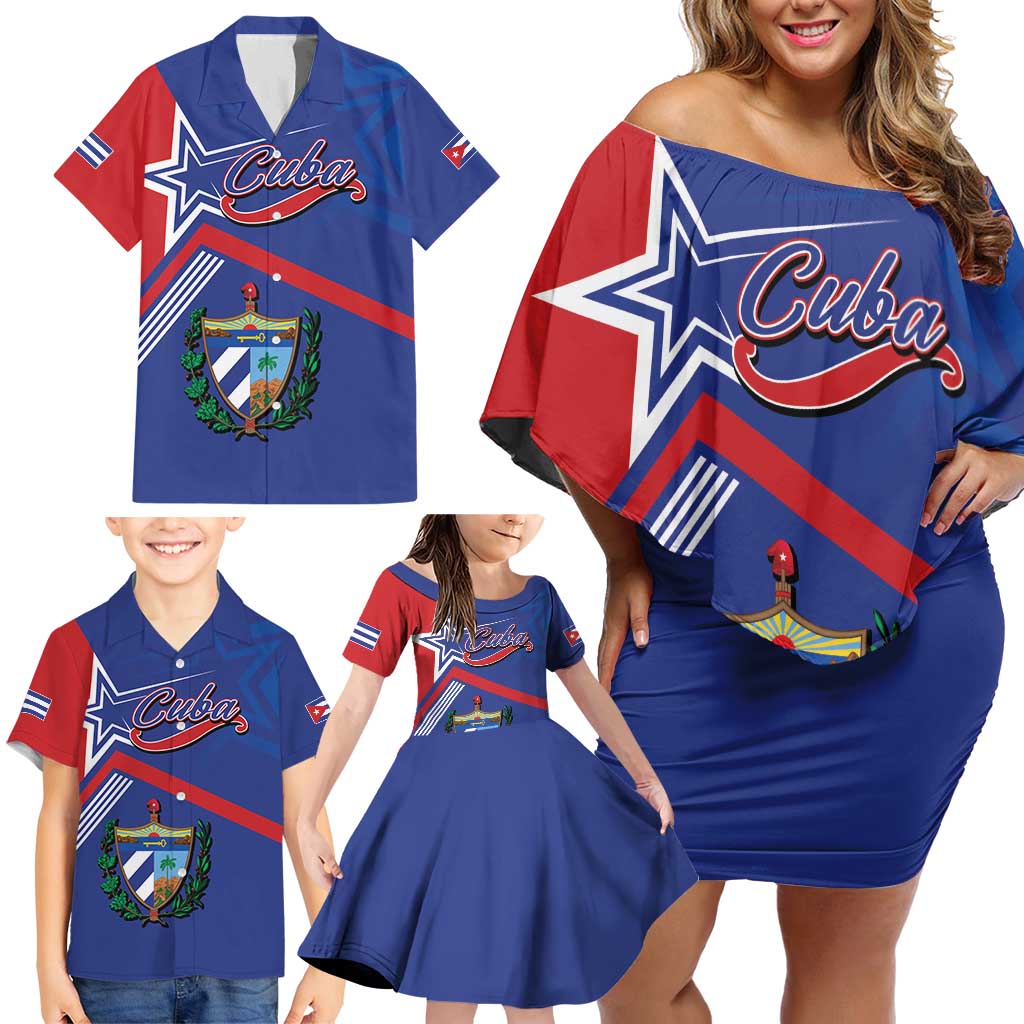 Cuba Coat Of Arms Family Matching Off Shoulder Short Dress and Hawaiian Shirt The Pearl Of The Antilles