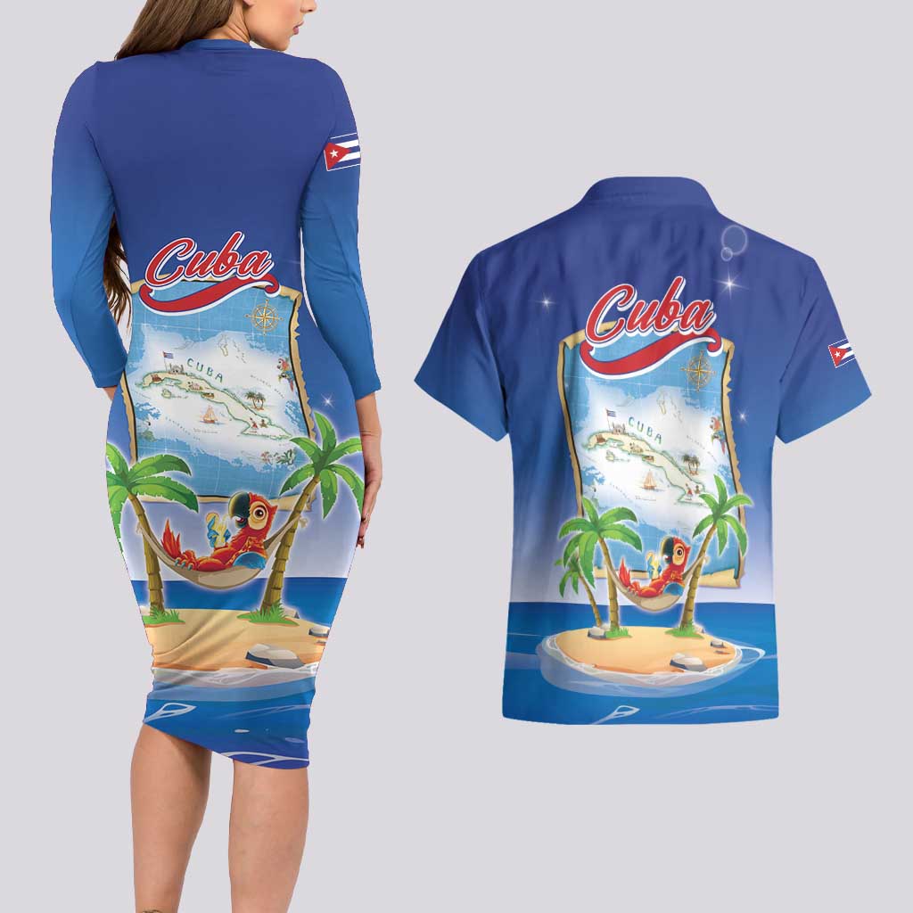 Cuba Couples Matching Long Sleeve Bodycon Dress and Hawaiian Shirt Funny Macaw Decorative Map