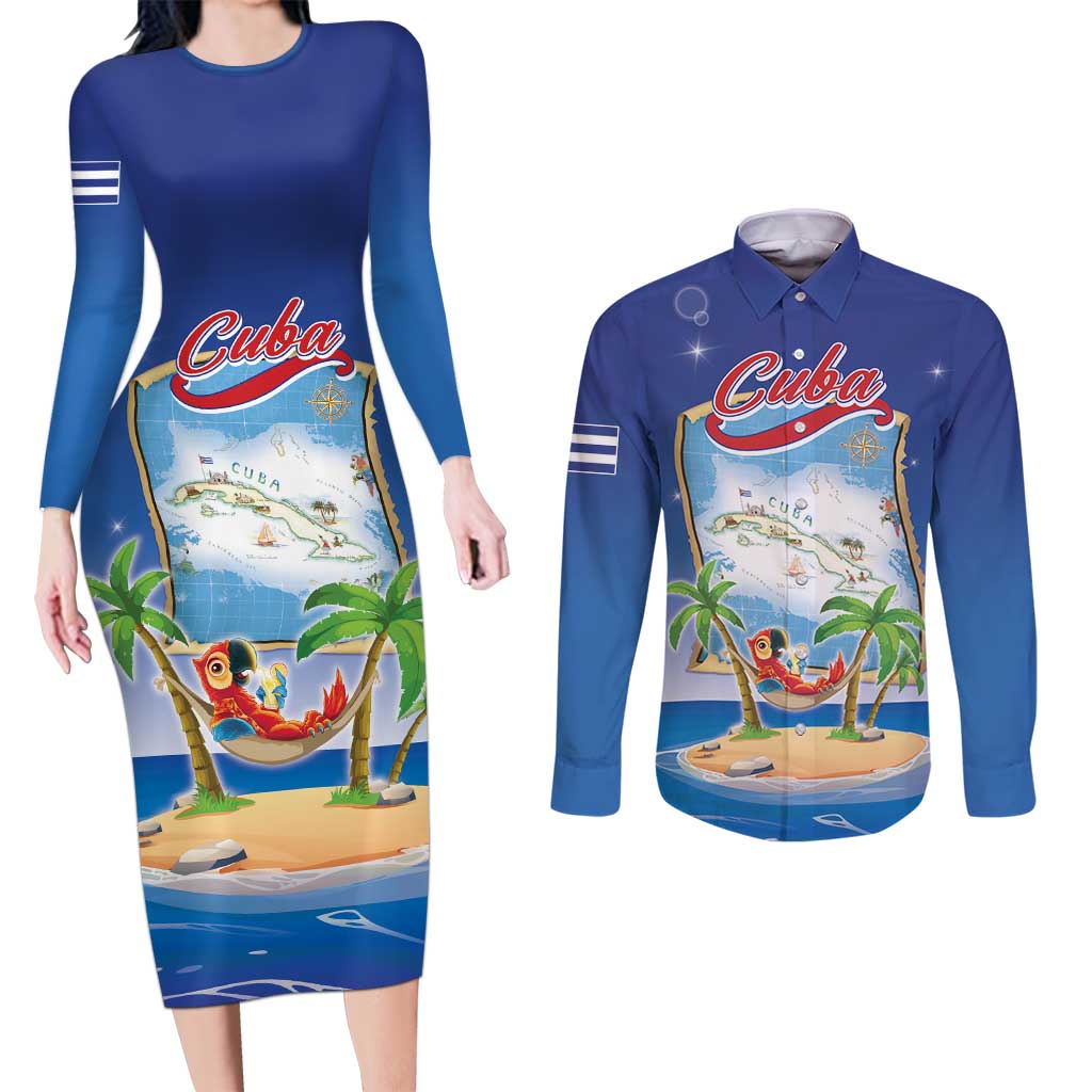 Cuba Couples Matching Long Sleeve Bodycon Dress and Long Sleeve Button Shirt Funny Macaw Decorative Map