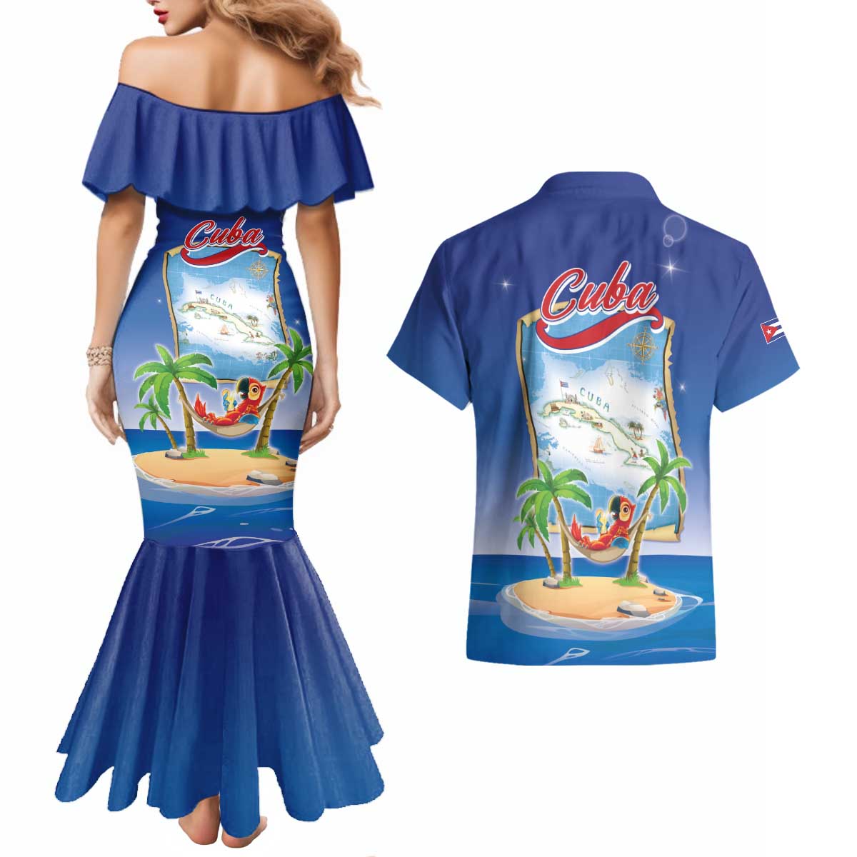 Cuba Couples Matching Mermaid Dress and Hawaiian Shirt Funny Macaw Decorative Map