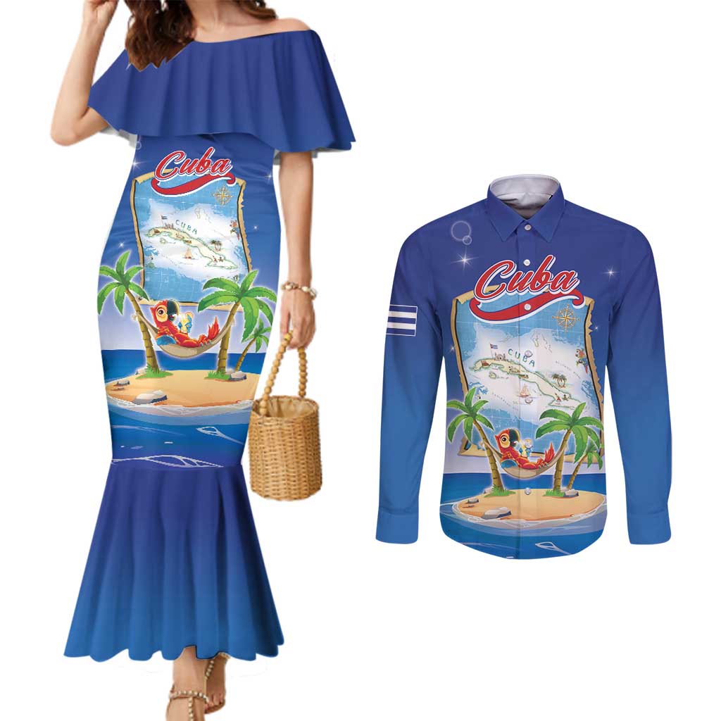 Cuba Couples Matching Mermaid Dress and Long Sleeve Button Shirt Funny Macaw Decorative Map