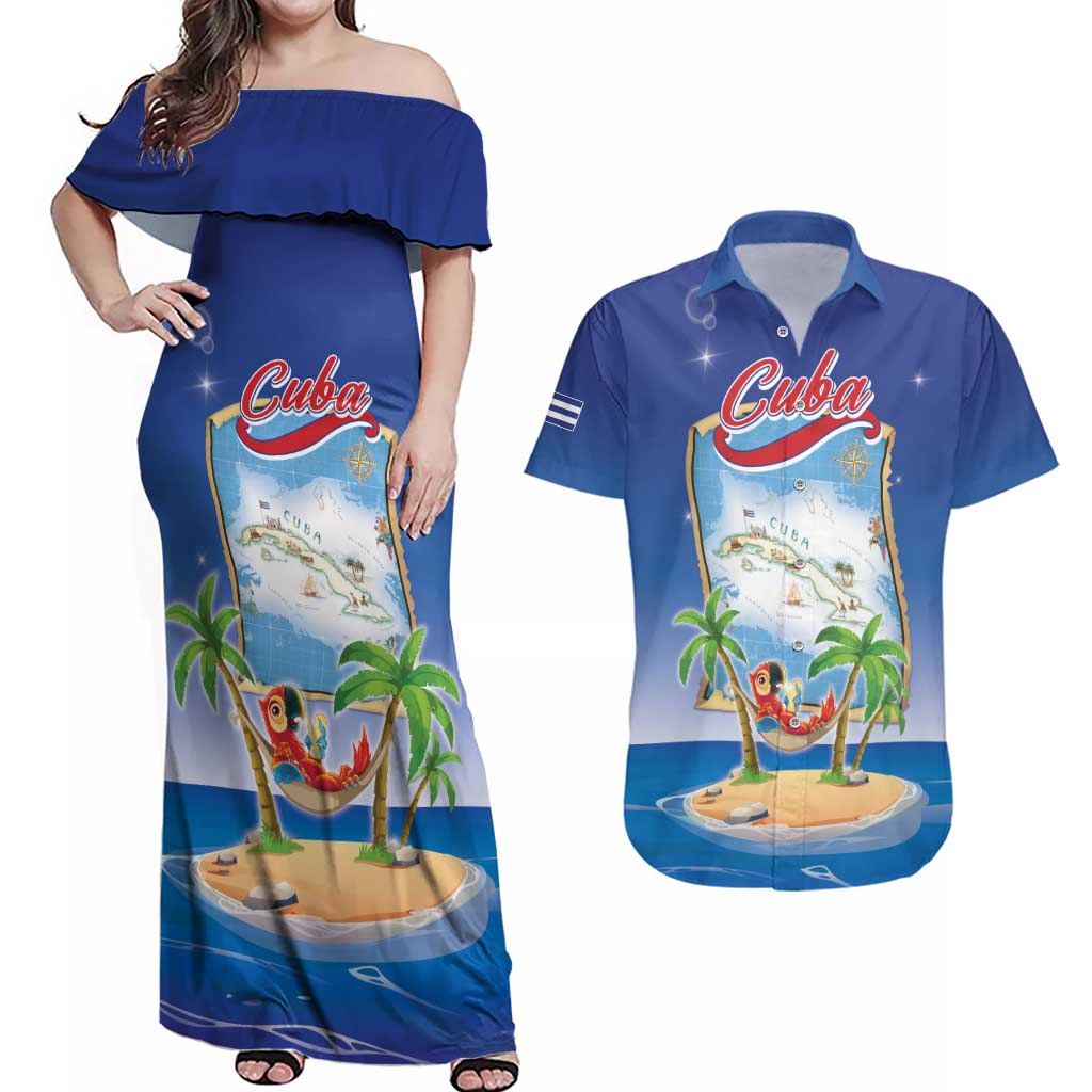 Cuba Couples Matching Off Shoulder Maxi Dress and Hawaiian Shirt Funny Macaw Decorative Map