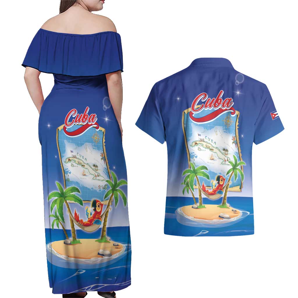 Cuba Couples Matching Off Shoulder Maxi Dress and Hawaiian Shirt Funny Macaw Decorative Map