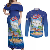 Cuba Couples Matching Off Shoulder Maxi Dress and Long Sleeve Button Shirt Funny Macaw Decorative Map