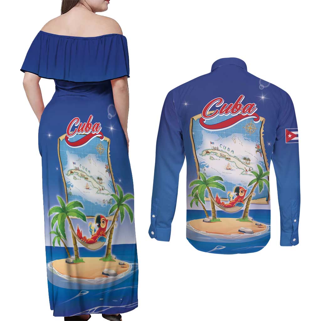Cuba Couples Matching Off Shoulder Maxi Dress and Long Sleeve Button Shirt Funny Macaw Decorative Map
